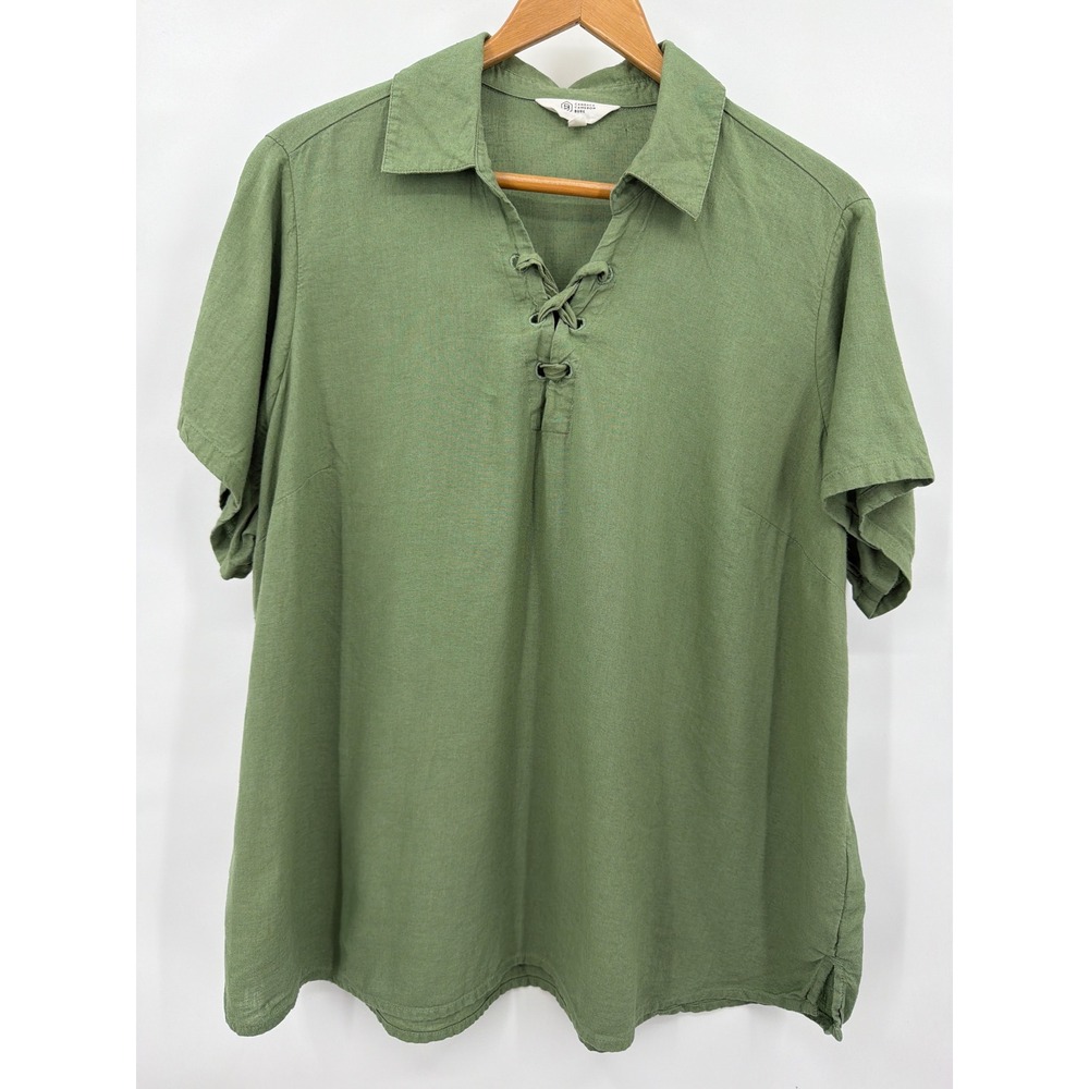 Candace Cameron Bure Sage Green Linen Flax Lace Up V-Neck Top 1X